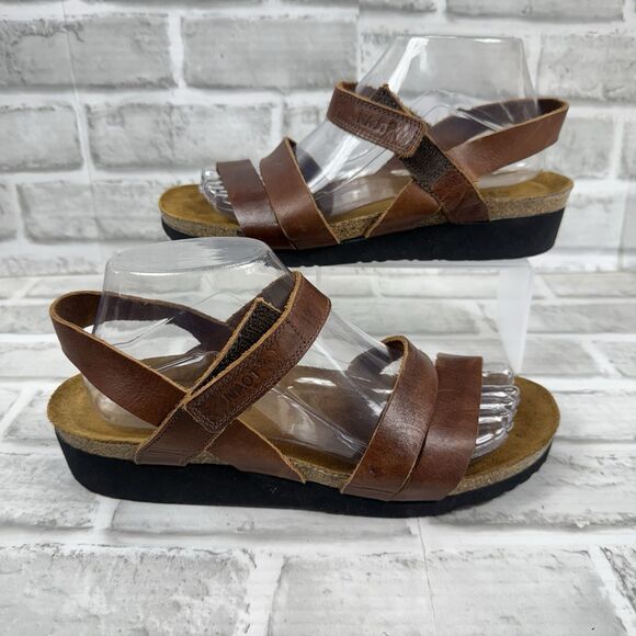 Naot Kayla Women's 40- US 9/9.5 Brown Leather Wedge Adjustable Comfort Sandal - Picture 1 of 11